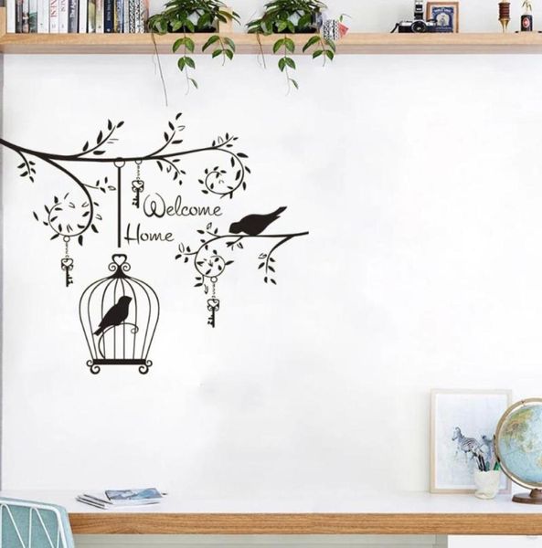 Adesivos de parede são bem -vindos pássaros de adesivos para casa na decoração da sala de árvores decalques de quarto removível gaiola de pássaro decoração6486722