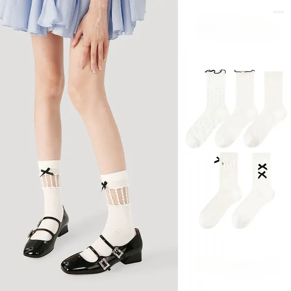 Kadın Çorap 5 Çift En İyi Yaz Sevimli Mesh Nefes Alabilir Sanatsal Beyaz Tatlı Japon Moda İnce Yay Knot Kawaii Çorap