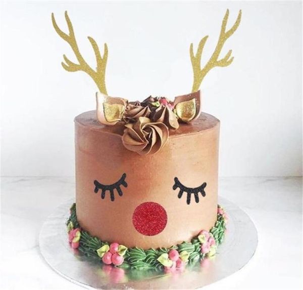 Altre forniture per feste di eventi 1Set Merry Christmas Topper Topper Cute Gold Deer Antlers Oyes Toppers for Kids Birthday Nails Year 3103965