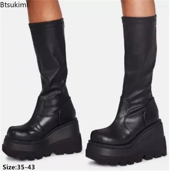 Сапоги 2024 Женщины среднего кальф-клина на высокой каблуке шнурки для Zip Ladies Pumps Женский панк-готический мотоцикл черный круглый ноги