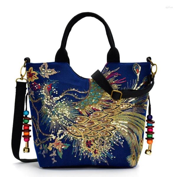 Umhängetaschen Frauen Taschen handgefertigtes Stickerei Peacock Böhmen ethnischer Stil Retro Handtasche große Kapazität TOTE Messenger für Mädchen