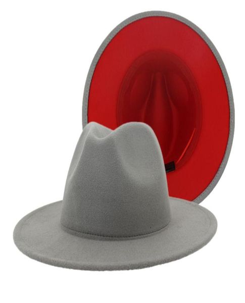 2020 Fashion Grey Red Patchwork Filz Hut Frauen Männer Weitkrempe Nachahmungswolle Jazz Fedora Hats Panama Trilby Cap Trend Gambler Hat5607806