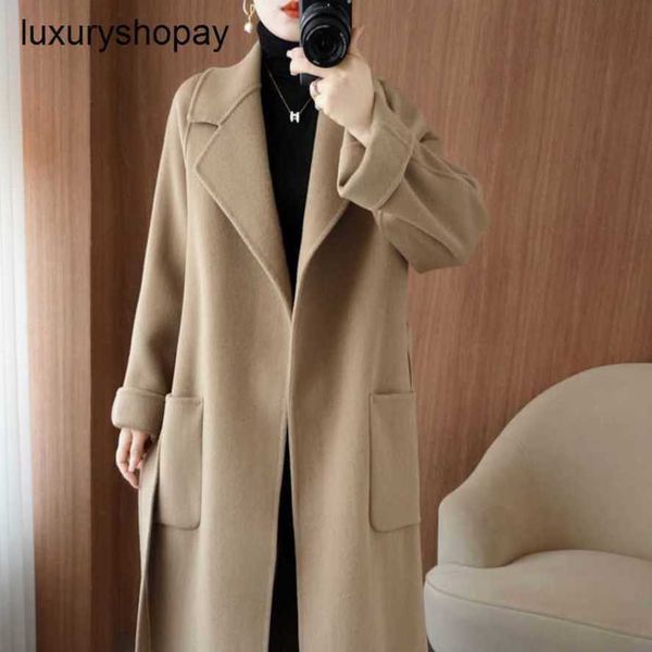 Top Maxmaras Cashmere Coat Womens Wrap Coats 2024 Осень Стиль Стиль 100% Двойной для женщин Средней длины силуэт свободный и толстый шерсти