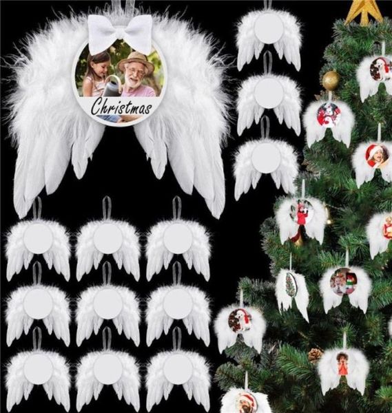 UPS Heat Transfer Angel Wings Ornament рождественские украшения перья подвесной круглый алюминиевый лист DIY Рождественская елка висят TAG1676983