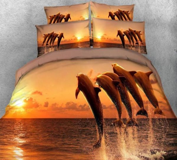 Conjuntos de cama JF046 Dolphins saltam para fora da água Ocean Super King Tamanho 260220cm Conjunto de capa de edredão 3D Folhas de cama para crianças Bed17117341