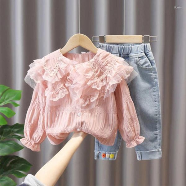 Roupas conjuntos de roupas para meninas, ajuste o outono de primavera de manga longa de capa de renda de jeans calças jeans de jeans Fashion Kids