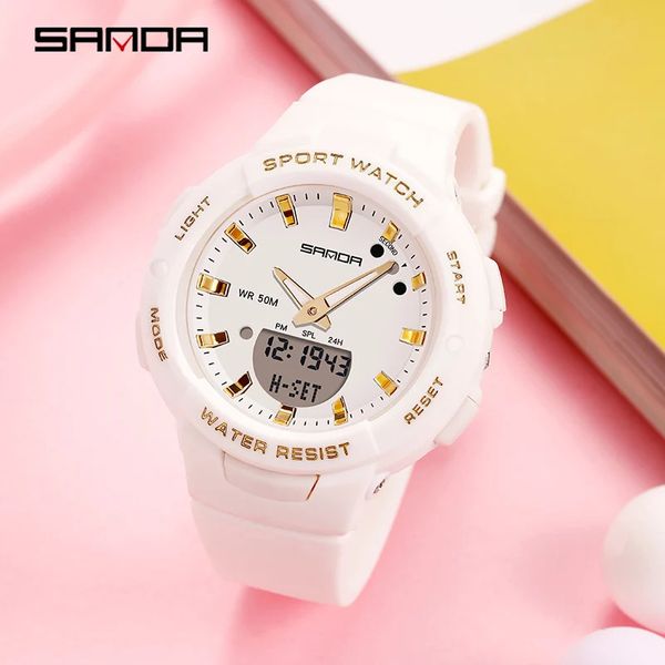 Sande 6005 Womens Casual G-estilo G Quartz Assista Sports Sports impermeáveis Relógios de pulso Dual Time Moda Branca Lady Lady Digital Relógios 240428
