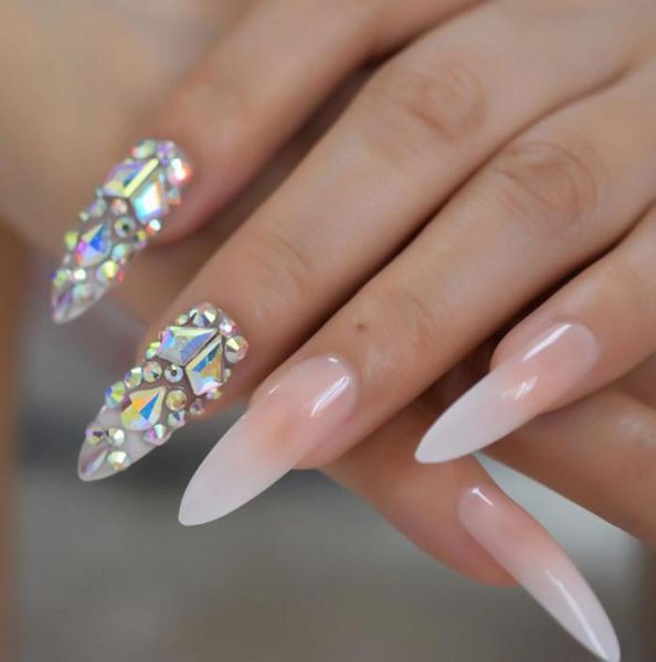 3d Ab Gems Gradient Pink Nude Press on Nails Baby Ombre Extra Long Stiletto Falso Falsa Falsa di dita puntate Nails3898226