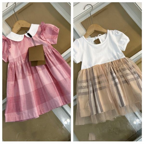 Sommer kleine Mädchen Plaidkleider Baby Designer Kleidung Kleinkind Kinder Schnürbögen Rückenfreies Spitzenspitzen Tüll Kleid Z7963