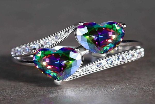 Beiver Double Heart Rainbow CZ Ring em Rodium banhado a aliança de casamento AAA Jóias de zircão Anel Acessórios para mulheres Anel de noivado Q07085745691