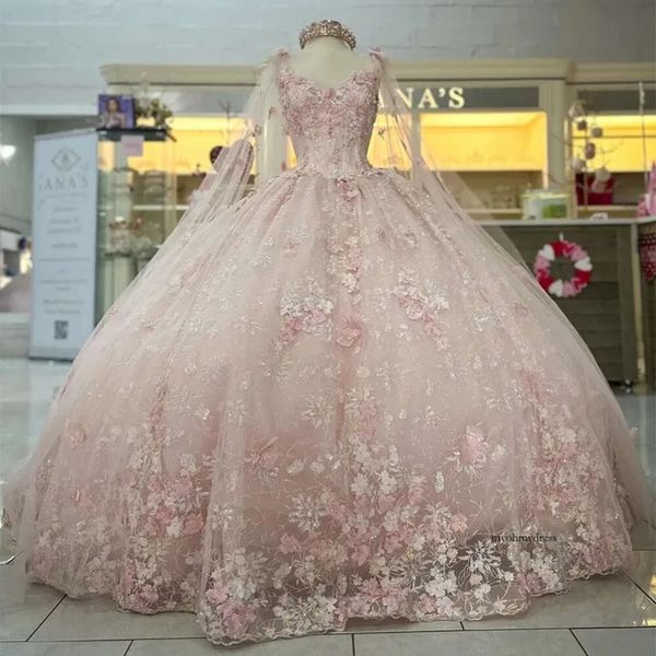 Vestido de bola rosa Princess Sweetheart vestido Quinceanera com capa Apliques de miçangas 3dflower Tull Party Vestes Vestidos de 15 Anos 0431