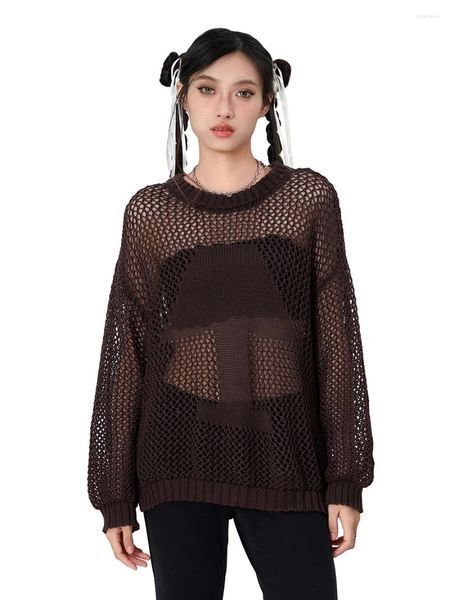 Blouses feminina Mulheres Hollow Out Crochet Knit Sweaters Tops Casual Cor sólida Manga longa Cobertão redondo pesco