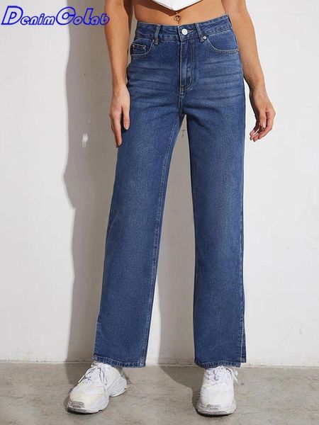 Frauen Jeans Jeans Denimcolab 2024 Mode Bein spaltete Frauen lose mit Tasche Non -Strecth Denim Straight Hosen Ladies Casual High Taille
