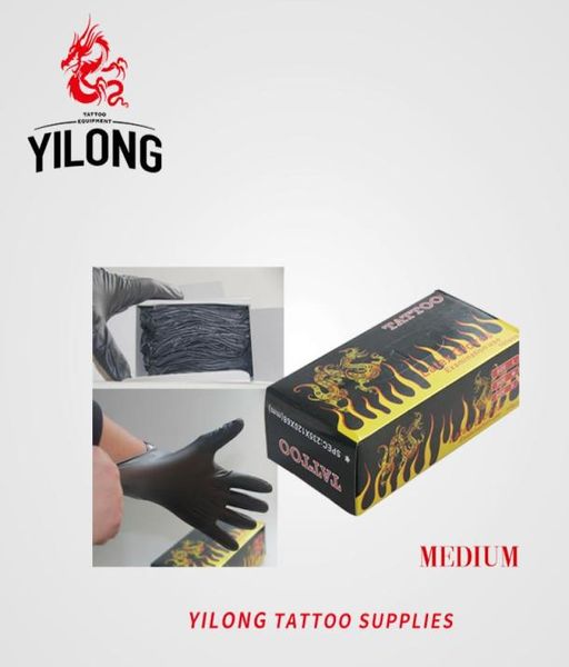Yilong 100pcs de alta qualidade Tatuagem descartável Black Luvas de látex Acessórios de tamanho disponíveis Tattoo Bodyart6051222