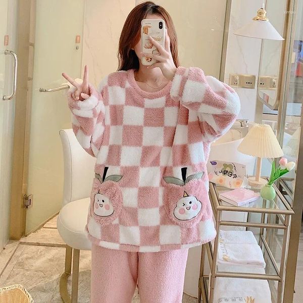 Kadınlar için pijama kışlık sevimli kafes pazen pijamalar Set Kadınlar Kawaii Girls Moda Pullover Velvet Kadın Pijamaları Plus Boyutu 5xl