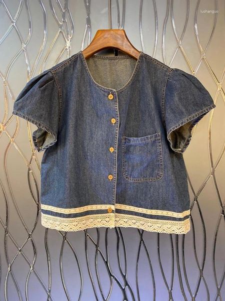 Camicette da donna 2024 donne a bolla di moda maniche corte sexy calpella rotonda in denim camicia solida top top 1623