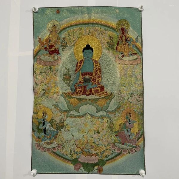 Arazzi in Cina Old Tibet Silk Thangka come appeso dipinto Fengshui Tibetan Buddha a quattro braccio