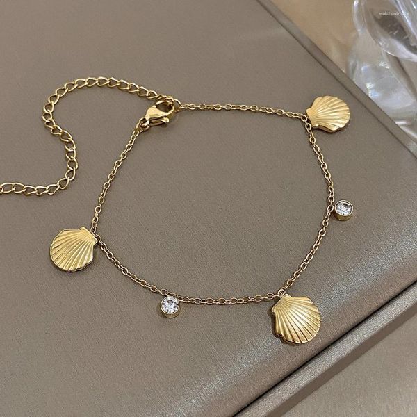 Link Armbänder Flashbuy Edelstahlschalenschalen -Strass -Charm -Armband Frauen Gold Farbkette Handgelenk Mode Schmuck Strand Urlaub für Geschenk