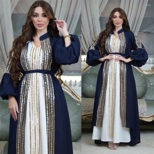 Abbigliamento etnico Ramadan Dubai paillettes marocchini manica per lanterna 2 pezzi abiti abayas set musulmani set di abiti islamici donne di tacchino eid jalabiya