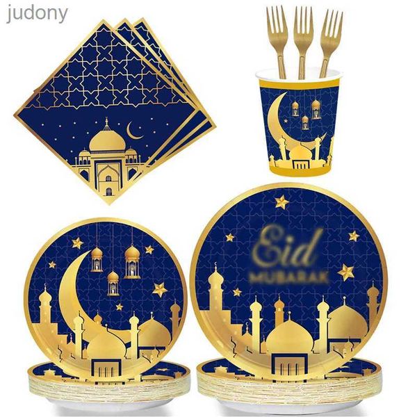 Einweg -Kunststoff -Tabellengeschirr Blau und Gold Eid Al Fitr Mubarak Tabelle Haveable Cardboard Cups Servietten Set Ramadan Karim Dekoration Islamische Eid Party WX