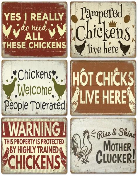 2023 Galinhas engraçadas Sinais de lata de metal Pintura de metal Vintage Poster Galos de galinhas Retro Retro Plasque Wall Stickers Pintura para fazenda Outdoor4806453