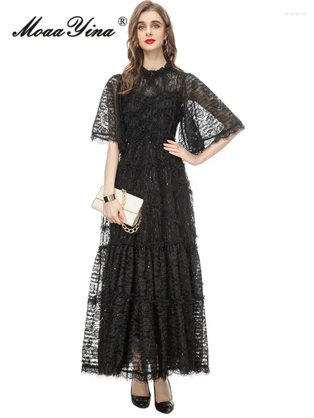 Платья для вечеринок Moaayina Summer Fashioner Black Vintage Lace Plord Женские блески с коротким рукавом с короткими рукавами сетки