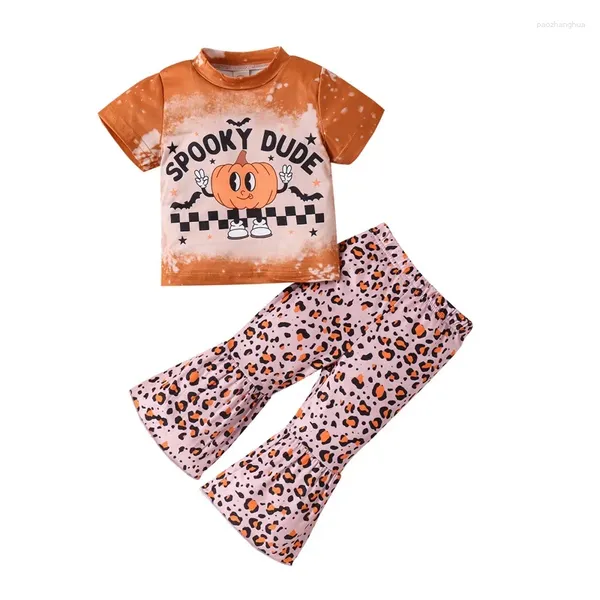 Conjuntos de roupas 2024 0-5y garotas meninas de manga curta Cartas de pescoço de abóbora Camiseta de abóbora com calças de leopardo Halloween 2pcs