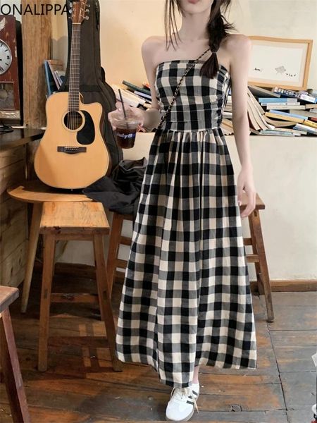 Lässige Kleider onalippa trägerloser Kontrast karierte Kleid zurück elastische Vintage ärmellose Vestidos de Noche Jugendliche Koreaner eine Linie Midi