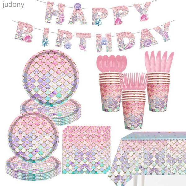 Einweg -Kunststoff -Tabellengeschirr Mermaid Party Einweggeschirr Set U -Boot -Thema Pink Fish Scale Girls Birthday Party Babyparty Dekoration Vorräte WX