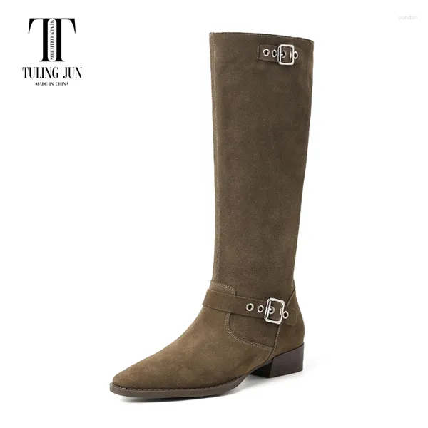 Boots Tuling Jun 2024 Winter Women Concise Square Toe Med Heels Knee Knee High Soild Color para feminino JD-F1296-3