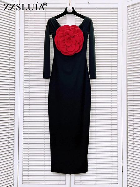 Повседневные платья ZzSluia 3D цветочные аппликации Дизайнер Slim Long для женщин срезайте шею элегантный сексуальный платье женская ткань