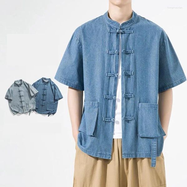 Camisas casuais masculinas homens chineses estilo vintage solto manga curta stand colar de jeans de verão plus size blusa para o homem camisa
