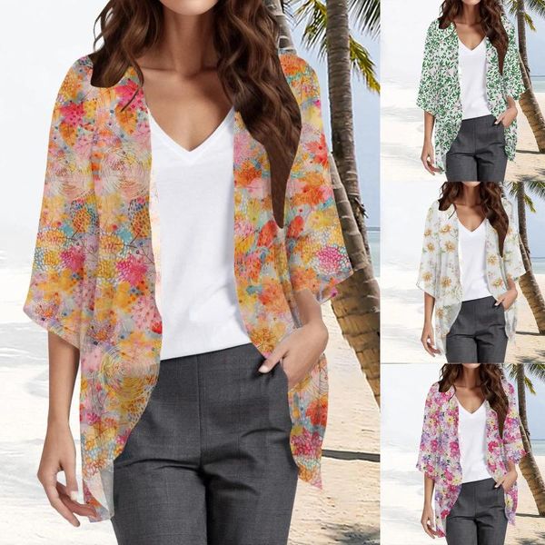 Frauenblusen floral gedruckt drei Viertelhülle Loose Bluse Modes Cardigan Shirt Top Damen Sommerarbeit