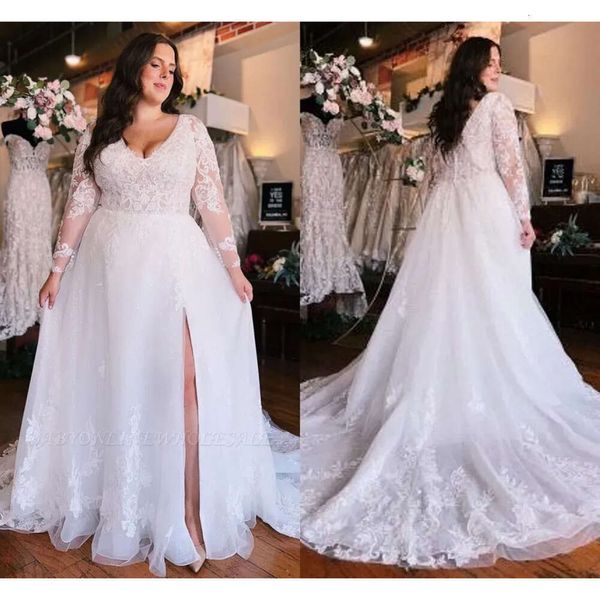 Bohemian Garden Beach Plus Abiti da sposa delle dimensioni estive una linea a maniche lunghe V -CUCCHI APPLICI DI APPLICI BRIDA