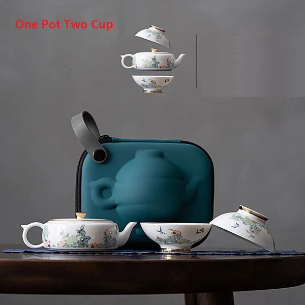 Tragbarer Keramik -Tee -Set 1 Topf 2 Tassen Retro -Reisebecher Aufbewahrungsbeutel Teebeutel Wärme Isolierung Behälter 240428