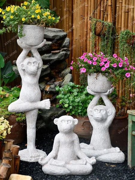 Dekorative Figuren Gartendekoration Yoga Affe Tierblüte Pot Outdoor Balkon kreative Bodenschmuckstücke