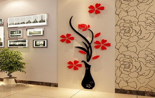 Moda DIY decoração de casa 3d Vaso flor árvore de cristal Arcílico adesivos de parede ART DECAL9740970