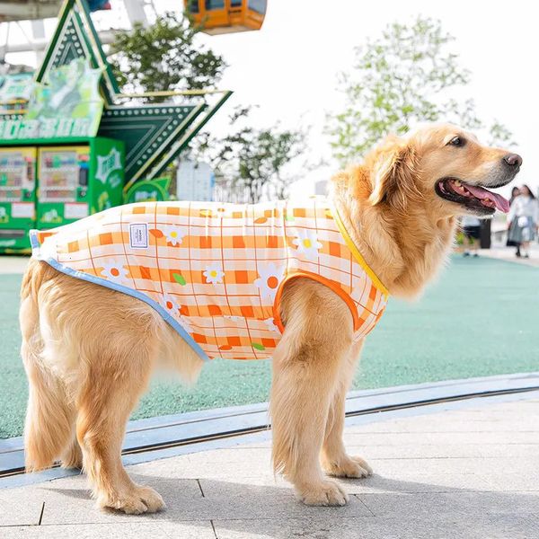 Pet Soft Grande Dog Plaid T-shirt Roupos de cachorro Camisetas fofas Summer Breathable Beach Self Refresping Colet para Big Golden Retriever Dogs 240429