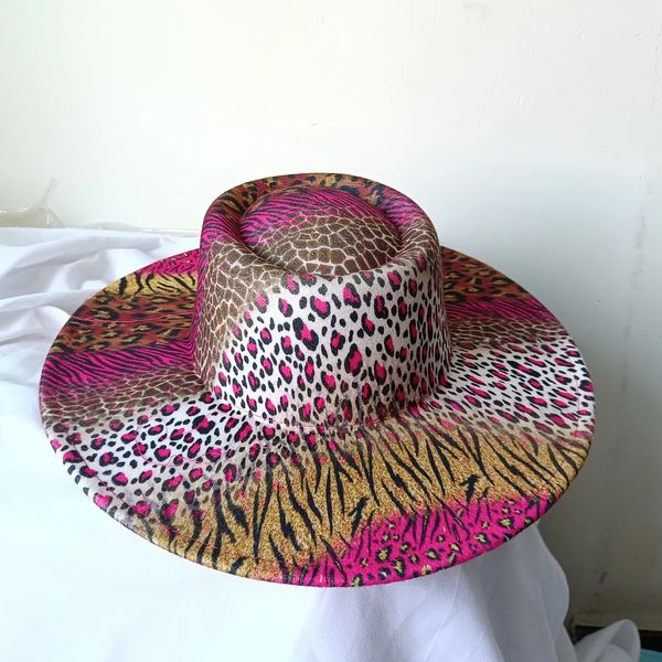 9,5cm Rose Red Leopard Print Fedora Hat Brim Bump Bump Men e Women Fashion Style Fadies Fedora Hat Men 240430