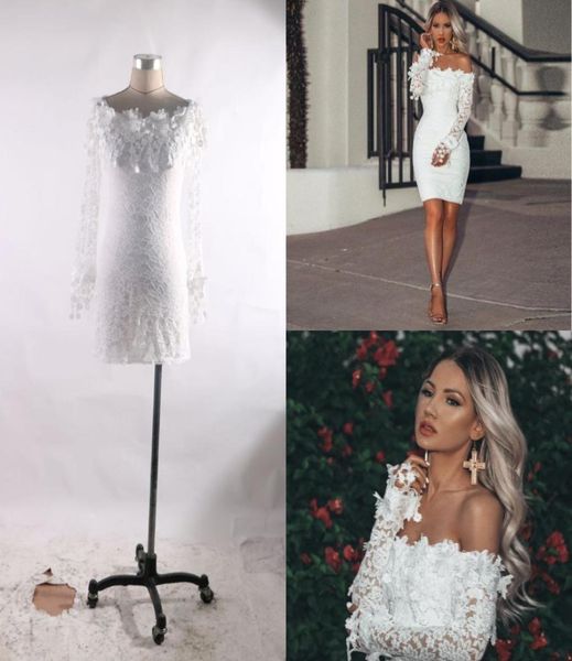 Aus der Schulterspitze kurze Cocktailpartykleider 2020 sexy knielange lange Ärmel formelle ASO EBI Lace Styles Prom Kleider7686752