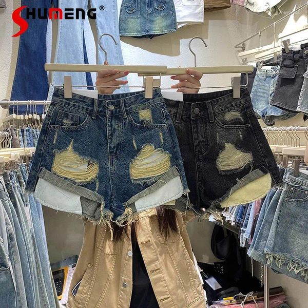 Frauen Jeans Frühlings- und Sommer-Design rissen Rough-Rand-Shorts Curling Chic Retro Blue Denim Short Pant für Frauen