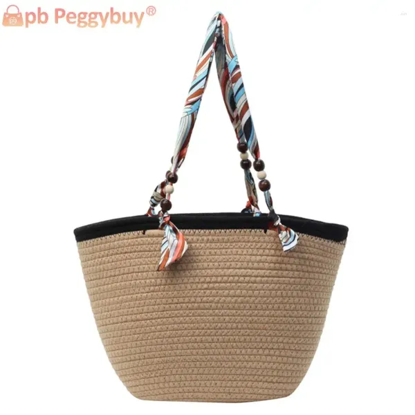 Draw String Women Häkeln Strand Handtasche große Kapazität Weben von Reisebotten Retro Stroh Damen Sommertäglicher Tasche