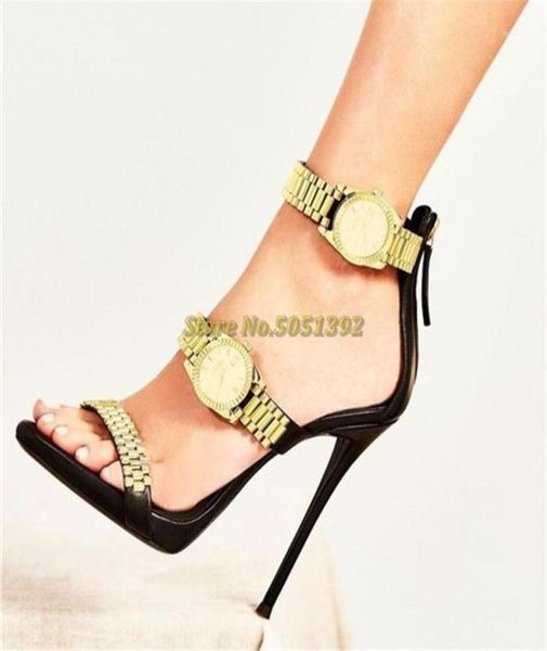 Sandals Luxury Gold Watch High Heel Metal Chain Decor