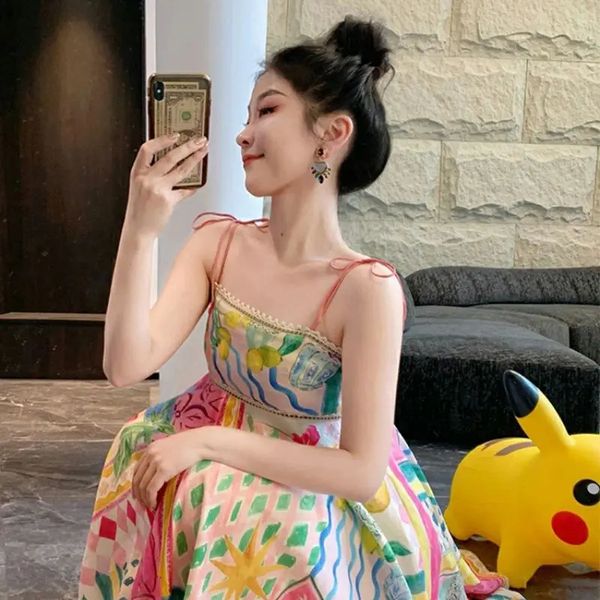 Summer Sweet Printing Multicolor Slip Dress Female coreano Livello Livello in ritardo midi abito Midi Abito Domande Abito da prua carino 240419