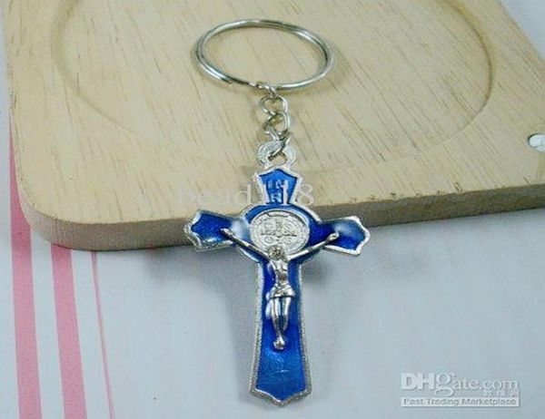 Mic 60pcs Blue Color esmalte a liga Jesus Cristo Cruz Chain Chain Key Ring DIY Jóias 2850397