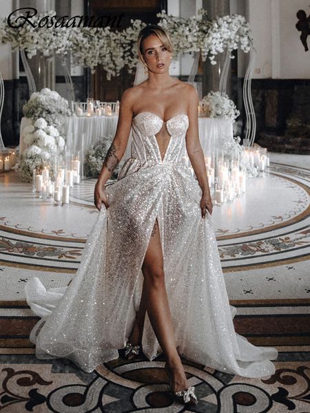 Glitter Crystal Illusion A-Line Wedding Dresses Sweetheart Sleeveless High Split Bridal Abite Robe de Mariee