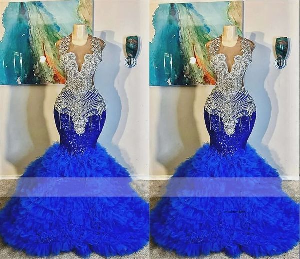 Royal Blue Prom Kleider für schwarze Mädchen 2024 Diamonds Crystal