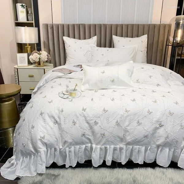 Bedding Sets 1200TC Egyptian Cotton Butterfly Borderyer Girl Conjunto de garotas de ruffles/edredom com capa de edredom travestas de linho