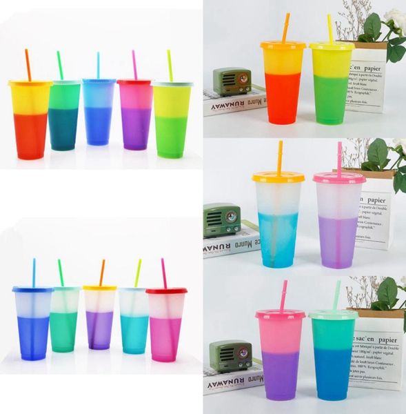 10 стилей 24 унции цветовой чашки магии пластиковые тумблеры с крышкой.
