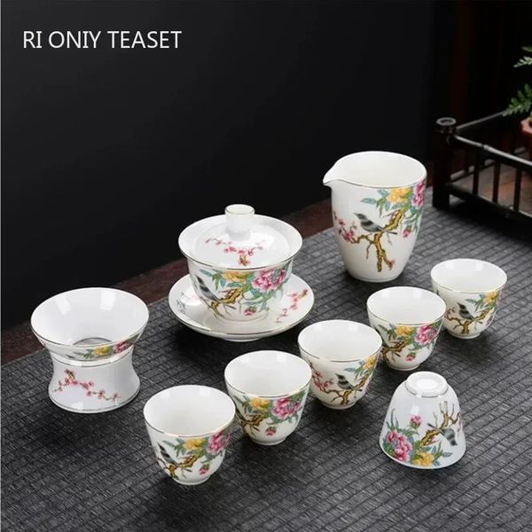 9 PCs/Conjunto de chá de cerâmica chinês Conjunto de chá requintado de flor e padrão de pássaro porcelana TEAPOT Handmade Kettle Teacup Teacup Teaware 240428